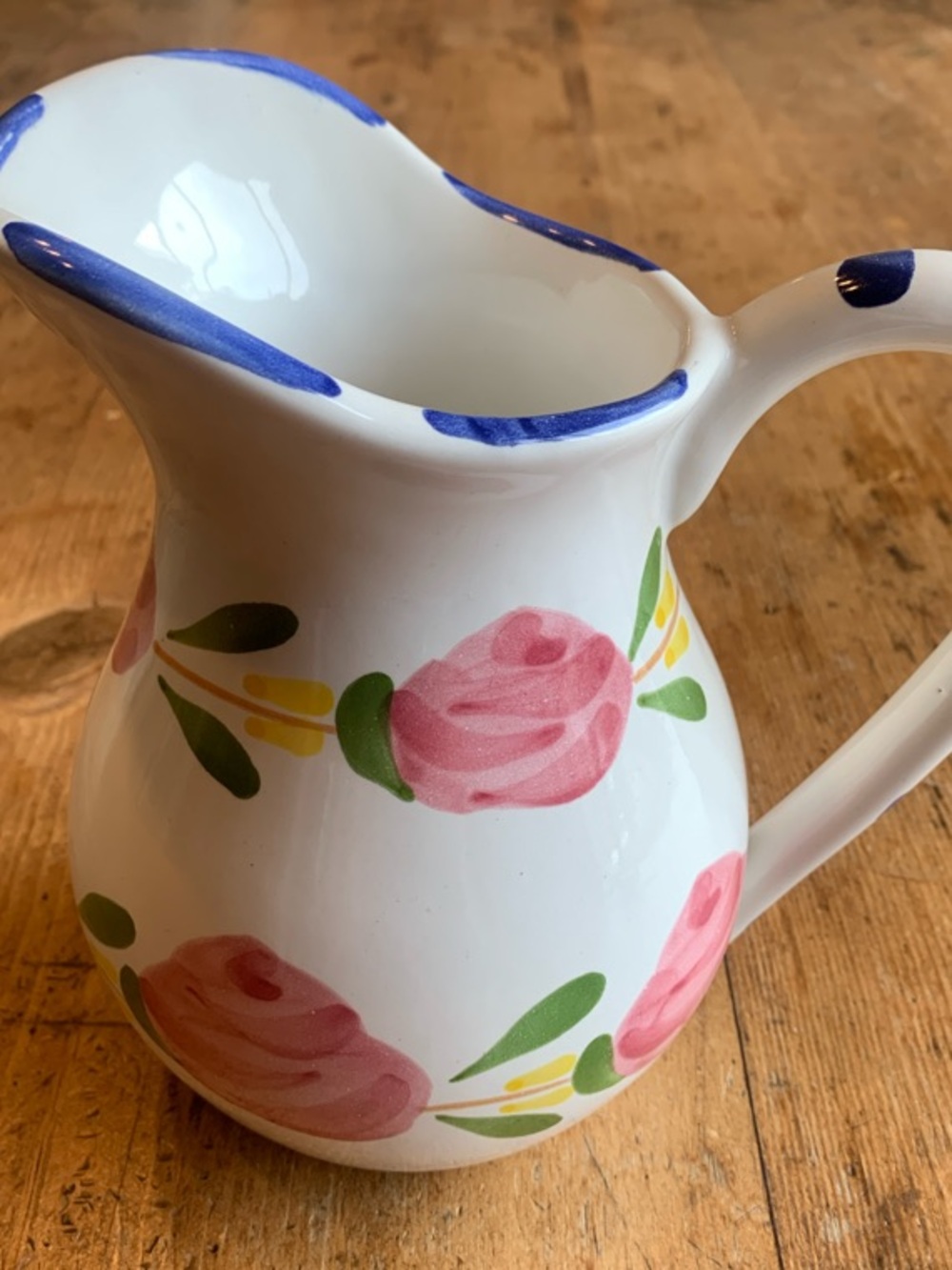 Pottery Barn Hand-Painted Floral Ceramic Pitcher in White and Pink